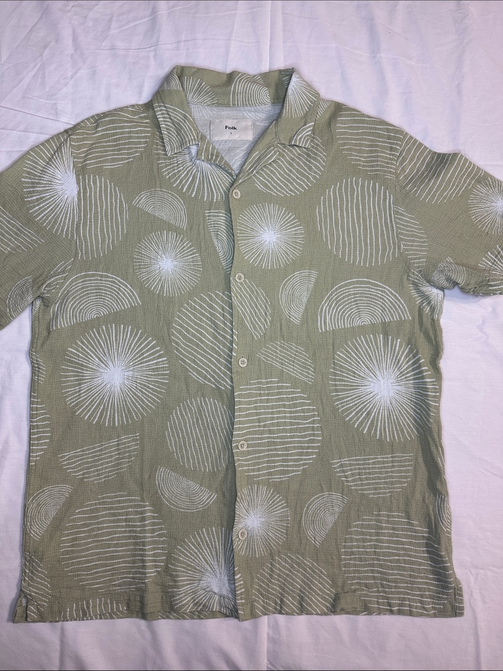 Folk Olive Green Short-Sleeve Button Shirt with White Sunburst Print- L